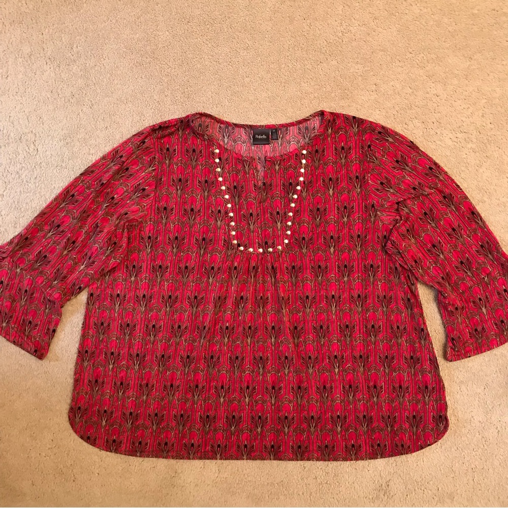 Rafaella Blouse Size 3X Dark Pink Gold Bell Cuffs Flare Bottom Relaxed Fit